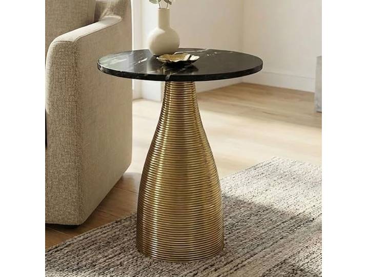 FineBuy Beistelltisch Rund 40x40x48 cm Metall Gold Marmorplatte schwarz Sofatisch mit massiver Platte aus Naturstein, Anstelltisch handgefertigt, kleiner Wohnzimmertisch, Dekotisch