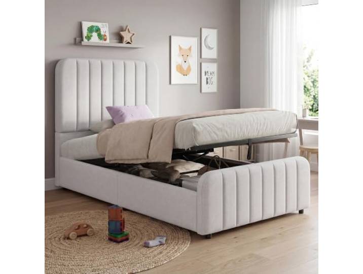 Merax Polsterbett Einzelbett 90x200 cm mit hydraulischem Stauraum, Leinen – Grau (Ohne Matratze)