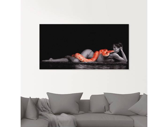 Glasbild ARTLAND Frau in Wasser liegend mit roter Python , rot (farbe bild(er): rot), B:60cm H:30cm, Bilder, Glasbild, in verschiedenen Grössen