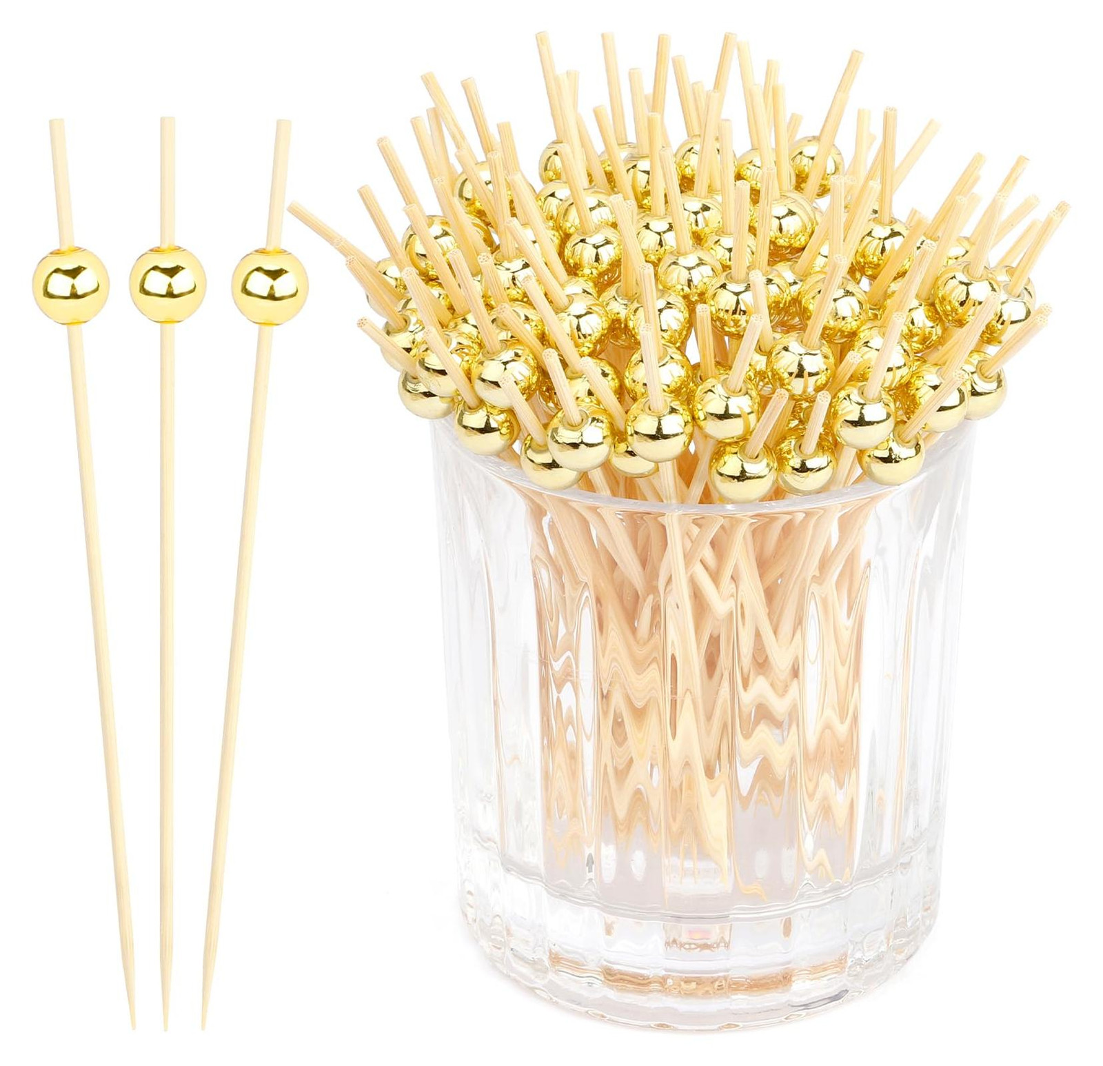 Solidchoice 200 stuks houten cocktailspiezen met gouden parels, lengte: 12 cm