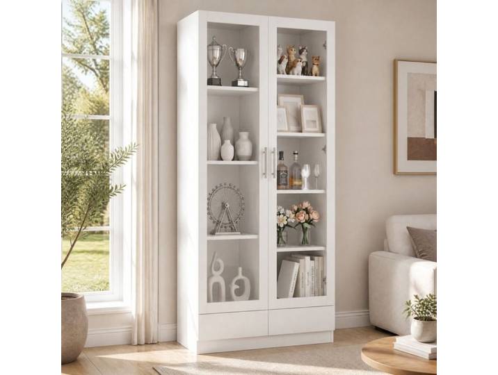 MEULVA Armoire vitrée blanche 80 x 40 x 160 cm meuble de rangement avec 2 tiroirs