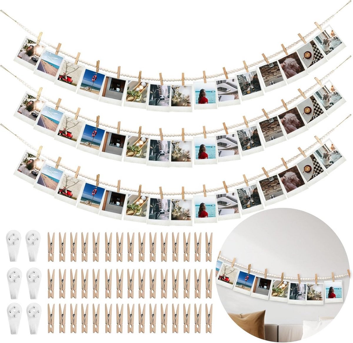Boho Houten Kraal Slinger Fotodisplay Wanddecoratie met Clips voor Slaapkamer of Kantoor