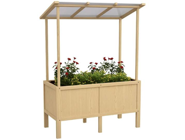 ComfortXL Hochbeet De-07805 mit Dach, Drainagelöcher, 160 L Natur, Naturfarben, Holz, 110x152x60 cm, Gartenzubehör, Hochbeete