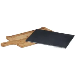 Relaxdays Servierbrett, Bambus, Schiefer Platte, Schneidebrett, Griff, rustikal, H x B x T: 1,8 x 45 x 22,5 cm, grau