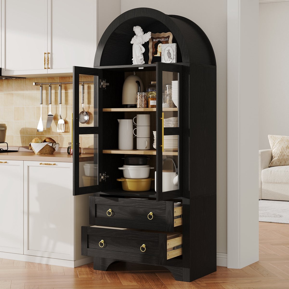 Buffetkast Highboard met glazen deuren en 2 laden in zwart met verstelbare legplanken