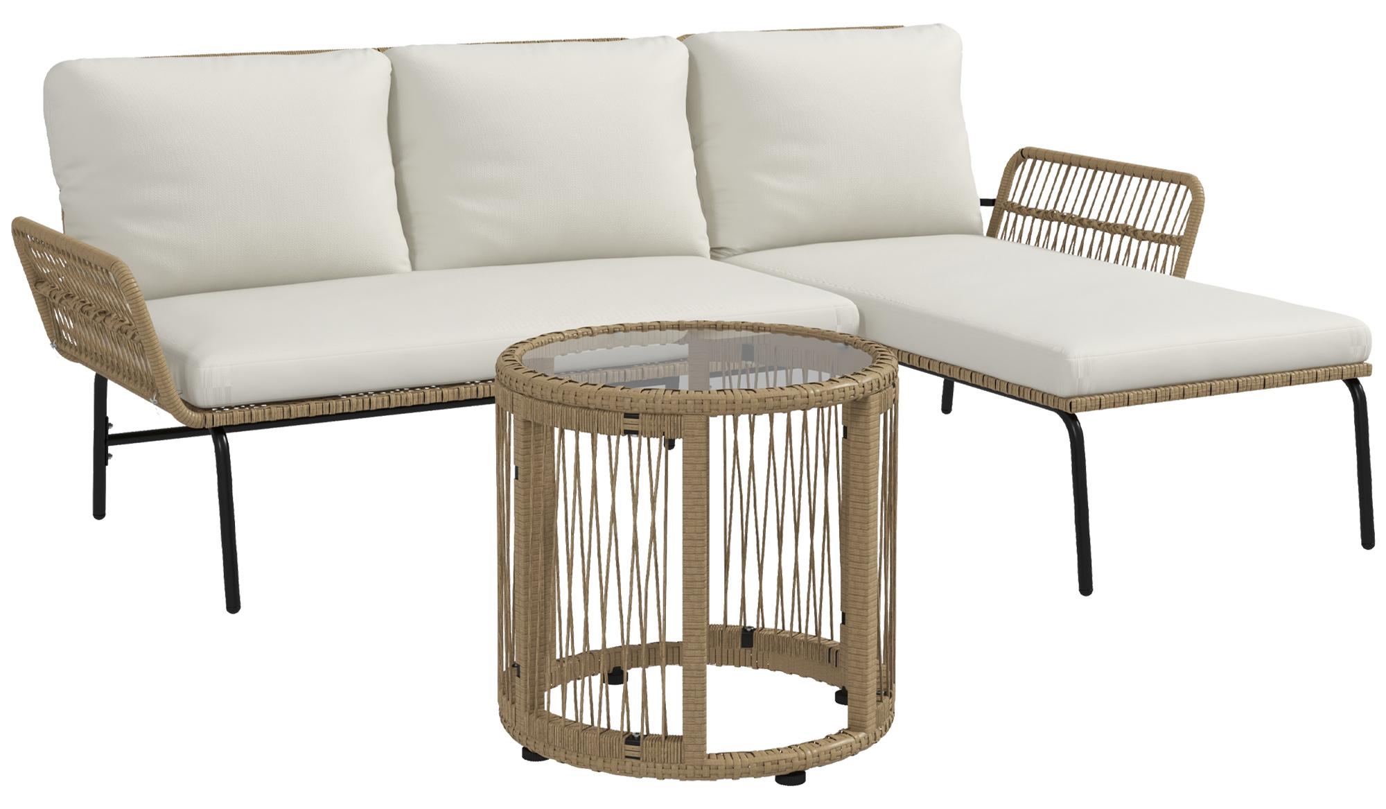 Sweiko Rattan Gartenmöbel Set, Gartengarnitur mit Liegestuhl, Couchtisch, Zweisitzer, creme Kissen, für Terrasse Balkon