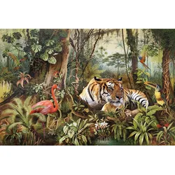 Glasbild FLAMINGO TRIFFT TIGER (BHT 150x100x0,40 cm) - BHT 150x100x0,40 cm