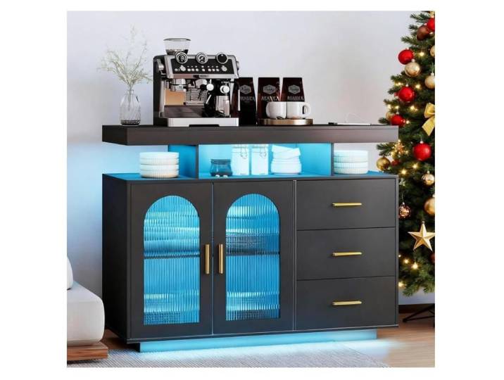 buffet à led armoire de bar à café buffet de salon armoire de cuisine brillante avec lumières de 16 couleur noir 120x40x80cm