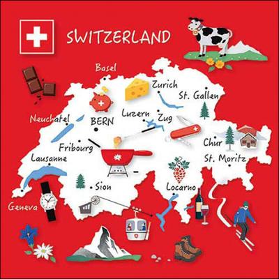 Ambiente 20 Servietten Papier 33x33cm 3-lagig - hochwertige Einweg Papierservietten Schweiz Karte Reise Souvenir Alpen Skifahren Fondue Uhren Zürich Party Deko