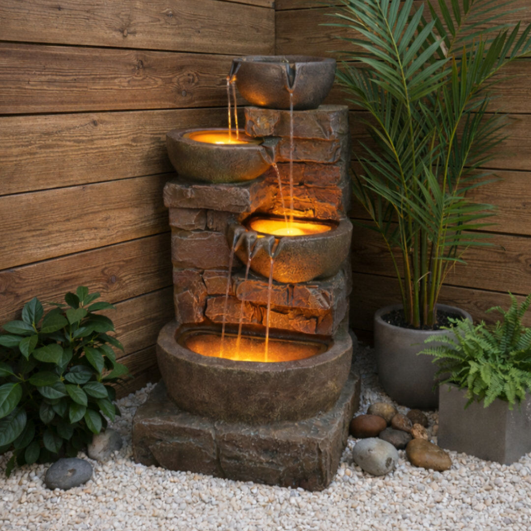 Teamson Home 84.5 cm Cascading Bowls & Stacked Stones LED Outdoor Water Fountains Brown 84.5cm H X 38.7cm W X 39.4cm D