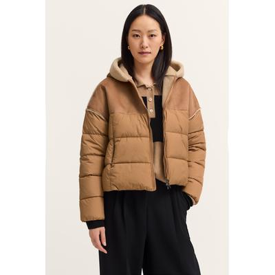 Kurzjacke BUGATTI "Regular Fit", Damen, Gr. 44, beige (50, beige), 100% Polyester, unifarben, regular fit, normaler Saum, Jacken Kurzjacke, mit Kapuze und Kunstfell