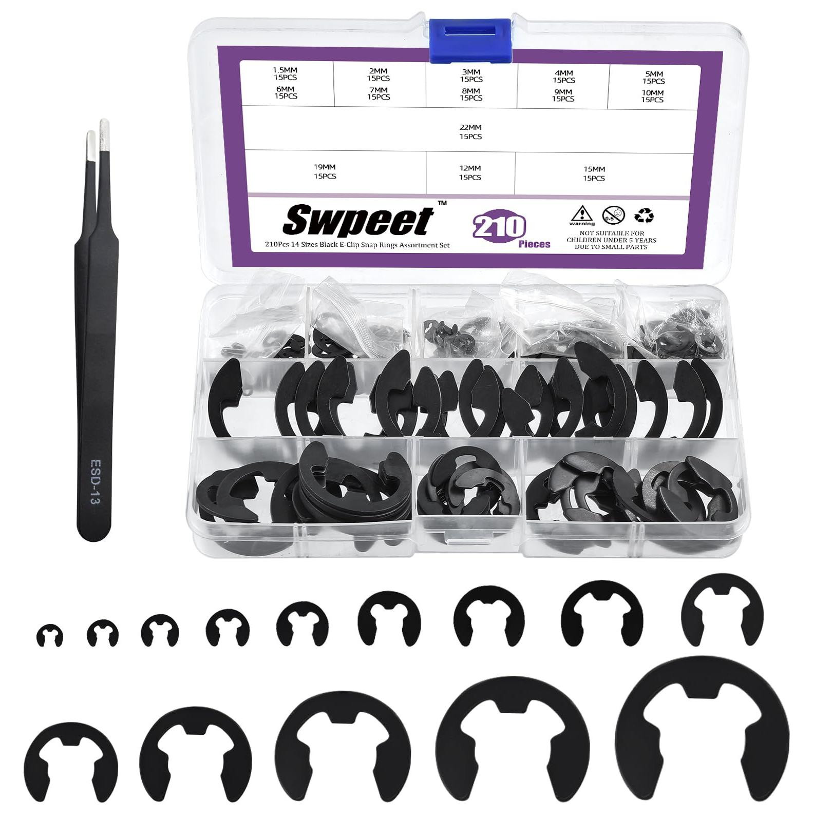 Dripio E-Clip-set 210-delig van koolstofstaal met pincet, M1,5–M15
