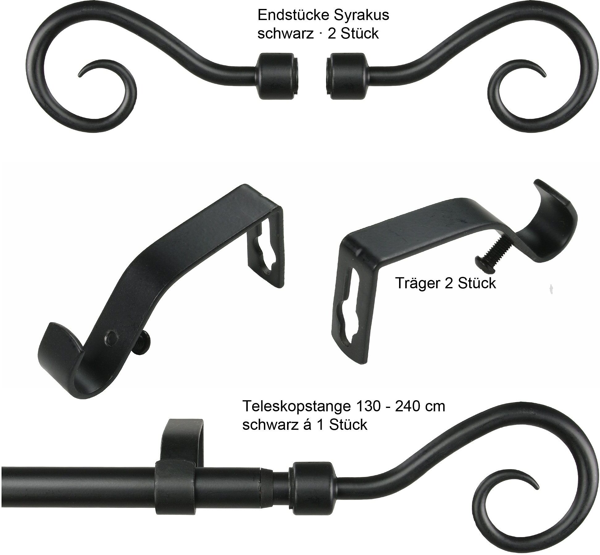 Gardinenstange LIEDECO "Syrakus Ã˜ 16 mm", schwarz, Ø:16mm, Gardinenstangen, Gardinenstange schwarz L: 130cm - 240cm Ø 16mm, 1 läufig