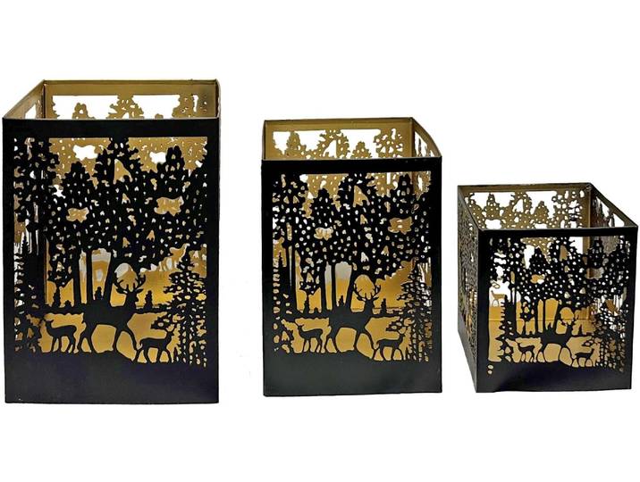 Laterne Dameco Forest 3er Set, Gold/Schwarz , schwarz (goldfarben, schwarz), B:14cm H:20cm, Metall, Mobilleuchten, Laterne