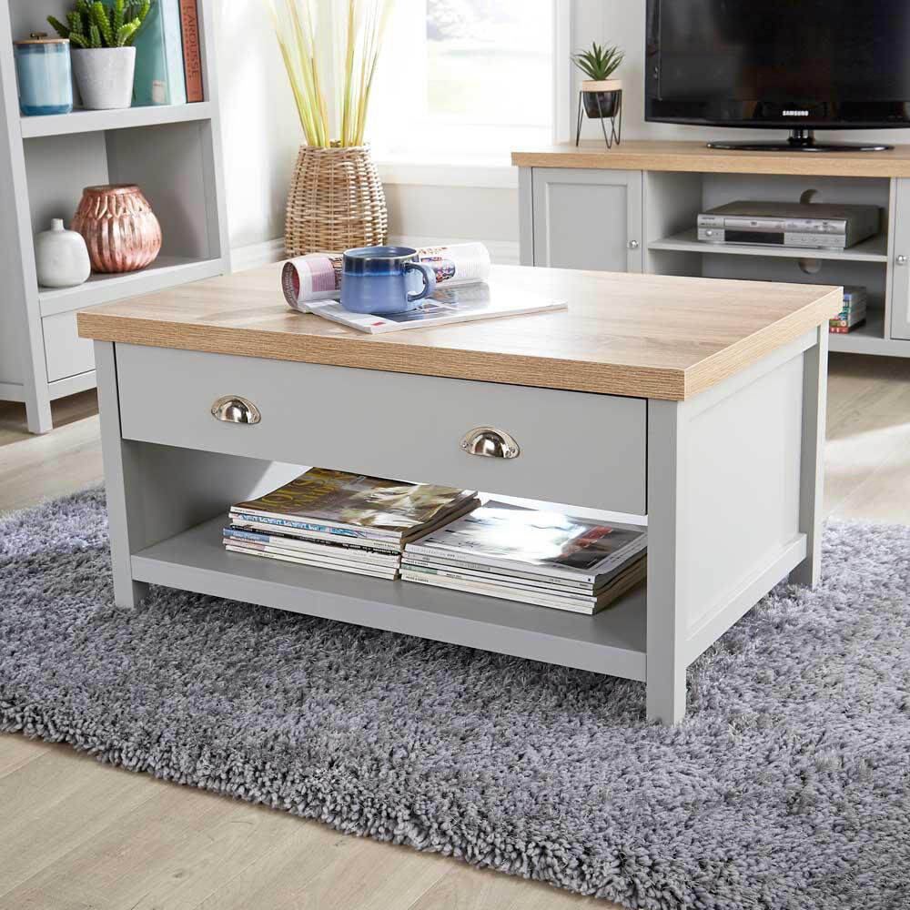 Fernleaf Dinah Floor Shelf Coffee Table with 2 Storage Drawers 36mm Thick Top Grey/Oak 45cm H X 90cm W X 50cm D