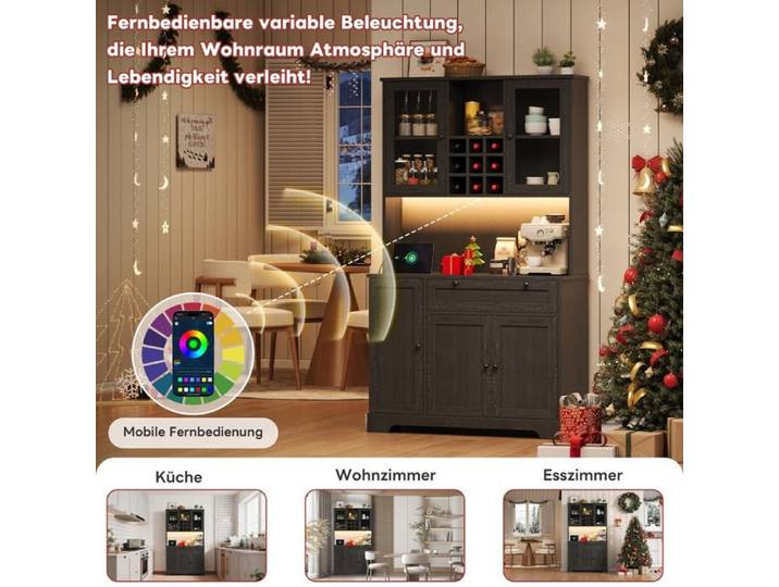 Armoire de cuisine Étagère d'épices intégrée Noir Armoire de rangement Armoire haute Armoire vitrine avec porte