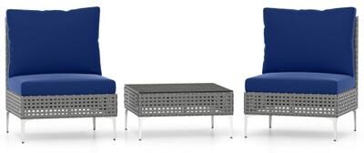 Costway 3 Pieces PE Rattan Conversation Chairs with Tempered Glass Coffee Table for Garden Porch-Navy