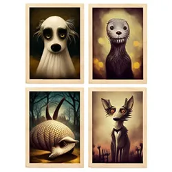 POSTER Set mit 4 Hunde im T Burton Goth Stil A3 Rahmen aus hellem Holz