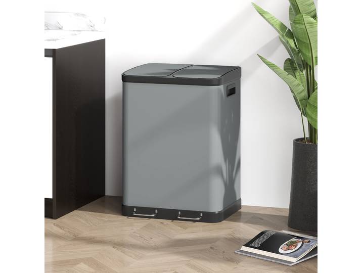 HOMCOM Poubelle Double 2x30L Pédale Bacs Amovibles Gris