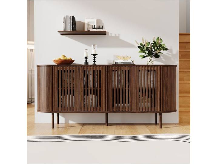 Buffet Bas 4 Portes Noyer MDF Sideboard Design FloraGrace Pour Salon Etagères Réglables 160x40x70cm