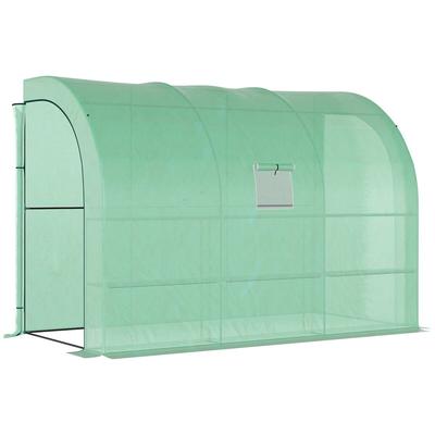 OKWISH Anlehn-Gewächshaus Kunststoff Grün 300x150x213 cm, begehbares Foliengewächshaus mit 6 Regalen, Reißverschlusstüren und Fenster