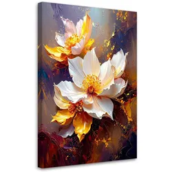 BILD auf Leinwand, Cremefarbene Blumen in goldenem Licht auf dunkelblauem Hintergrund