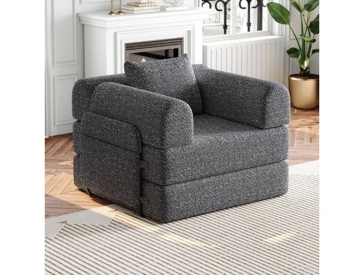 Fauteuil Convertible 1 Place - 94x91x70cm - Chauffeuse Lit Chenille Poche Rangement Cadre Acier - Gris Foncé