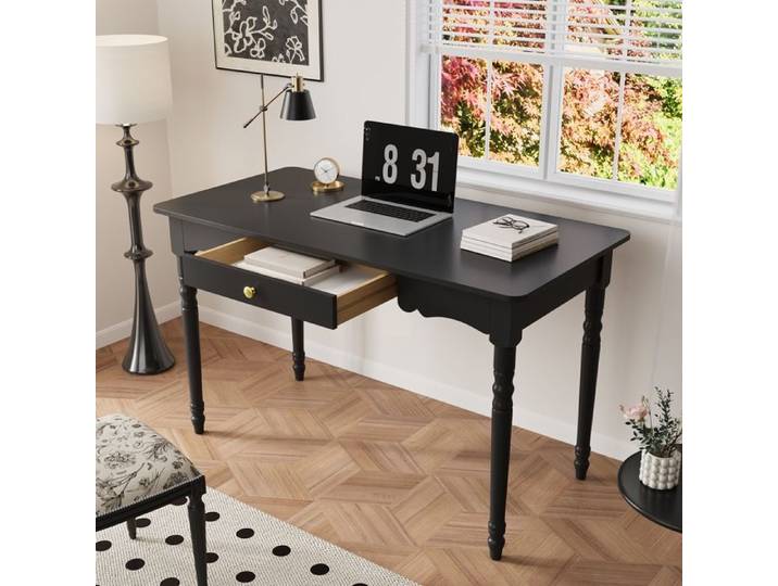 Bureau en bois avec 1 titoir poignées dorées Bureau Informatique avec pieds sculptés 116x60x74.5cm Noir