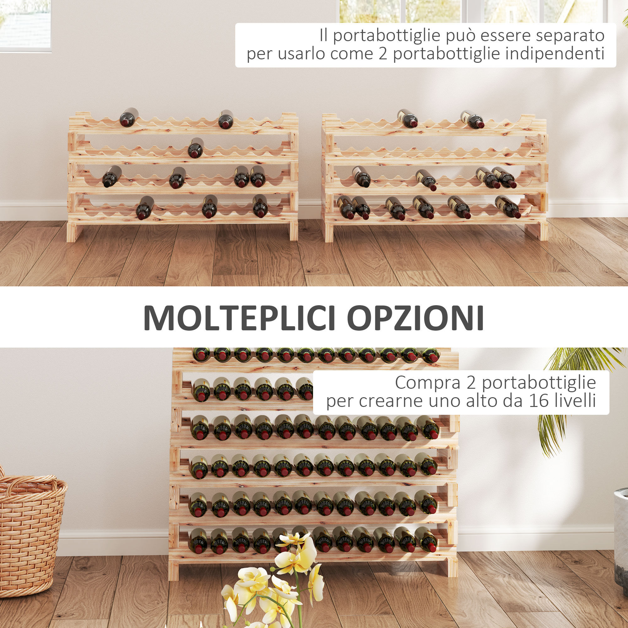 Altro Portabottiglie In Legno Di Pino, Cantinetta Vini Con 8 Ripiani Per 96 Bottiglie, 114x28x113.5 Cm, Colore Legno