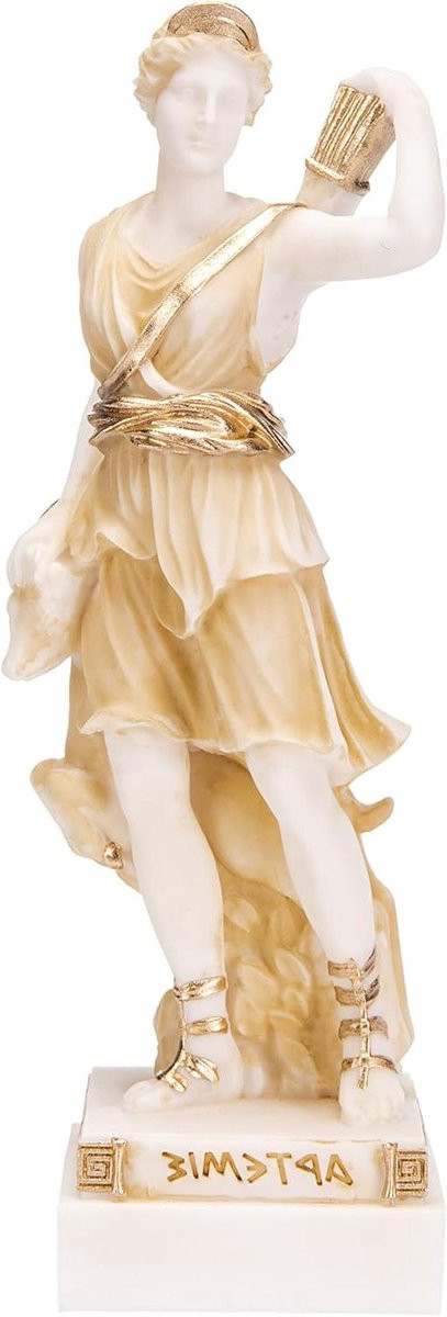 Handgemaakt Alabast Griekse Godin Beeld met Maan en Goudkleurige Details, Hoogte: 22 cm