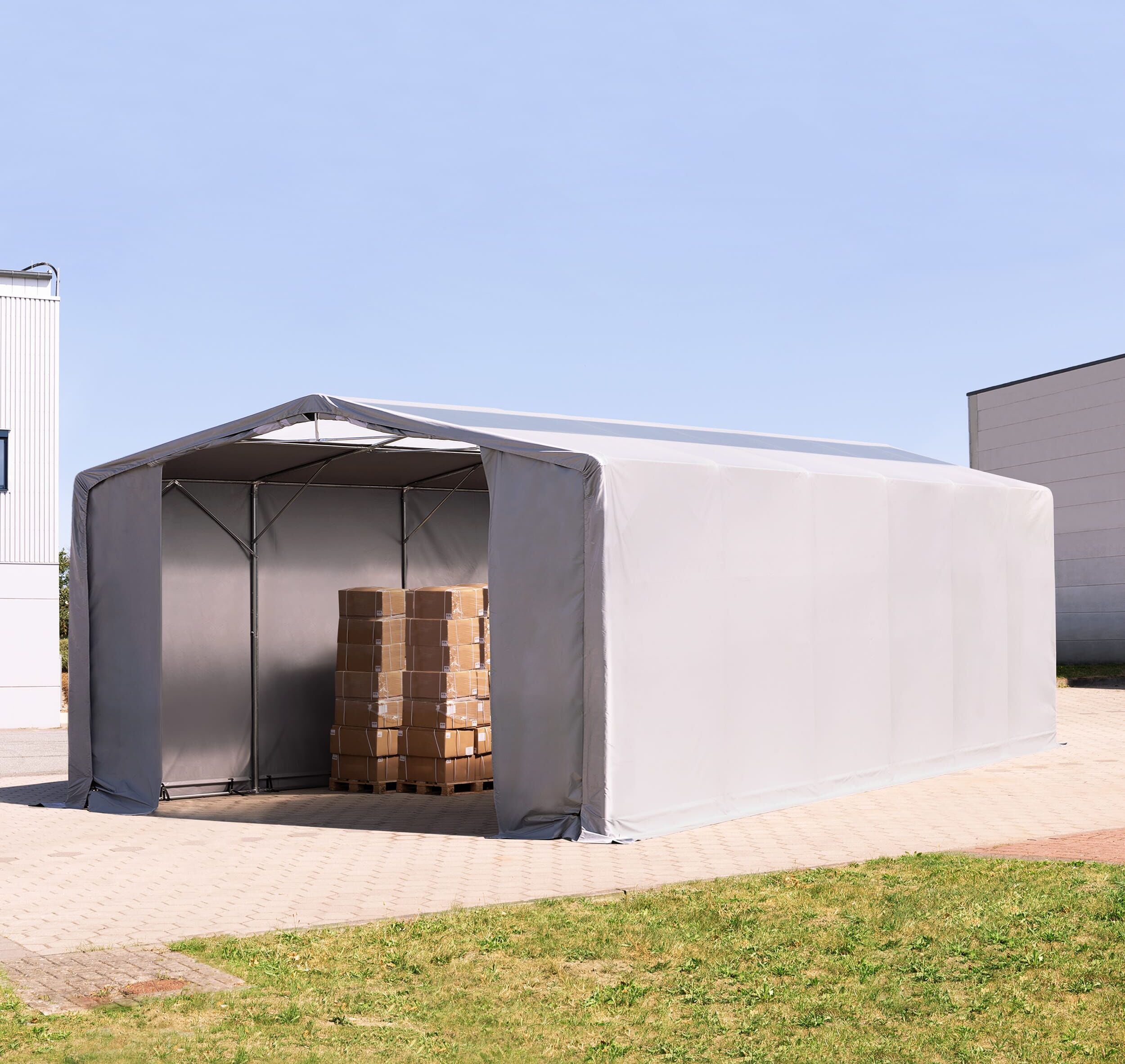 TOOLPORT 8x12m Zelthalle, PRIMEtex-Plane, grau, mit Statik (Erduntergrund) - (93999)