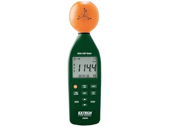 Extech 8GHz RF Electromagnetisches Feldstärkemessgerät, 1 Stück, 480846 10MHz-8GHz, 3-Achsen isotrope Sonde, Mobilfunk/5G/Mikrowelle, Alarme, Speicher, hintergrundbel. LCD