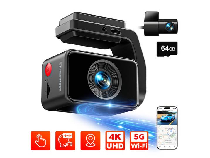 REDTIGER A4 dashcam voor en achter, 4K auto-dashcamera met GPS &amp; 5G-wifi, touchscreen, 64GB-kaart, spraakbesturing, super nachtzicht, dashcam voor en achter met G-sensor