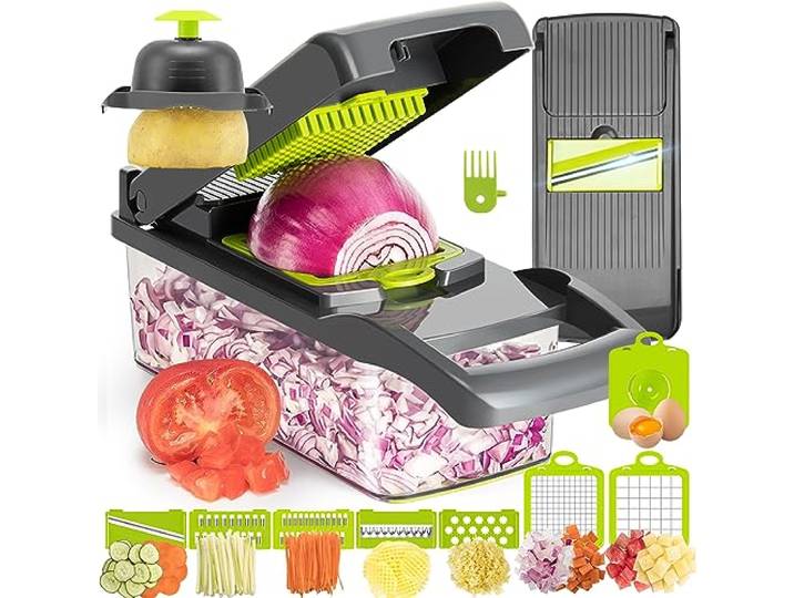 KEOUKE Gemüseschneider, 12-in-1, Gemüsehobel, Schneidemaschine, Lebensmittelwürfel mit Behälter, Handschutz, Abtropfkorb (Grau)