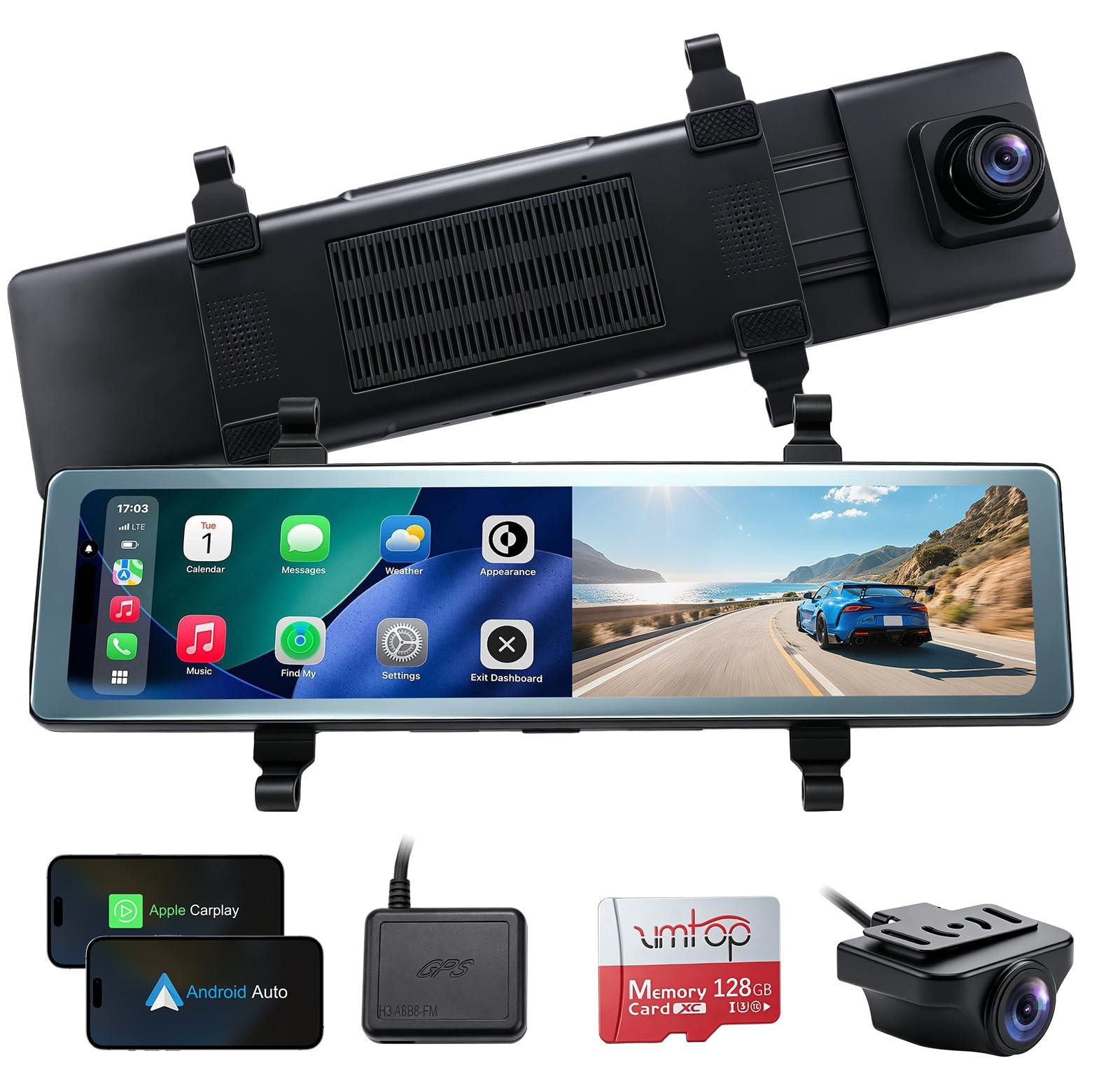 Selius Achteruitrijcamera 12 Inch 4K Spiegel Dashcam met Draadloze CarPlay en Android Auto