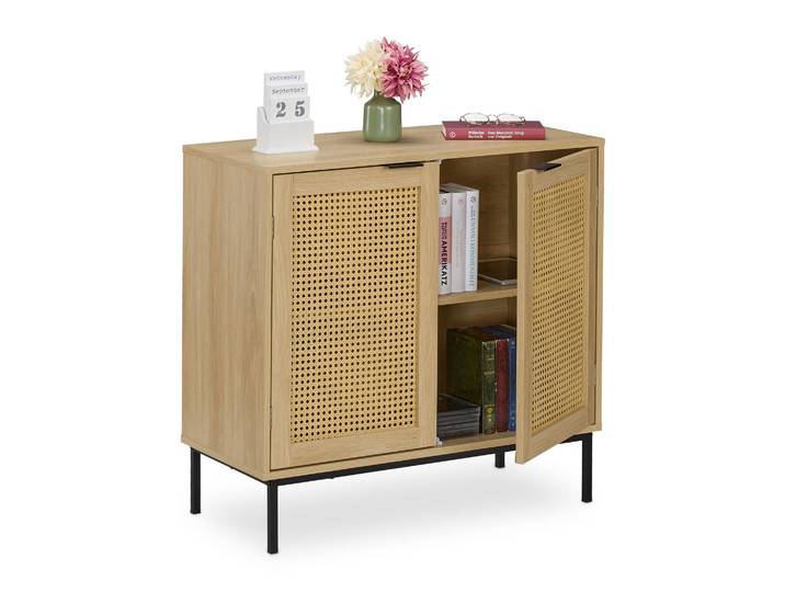 Sideboard mit 2 Rattan-Türen Hellbraun-Schwarz