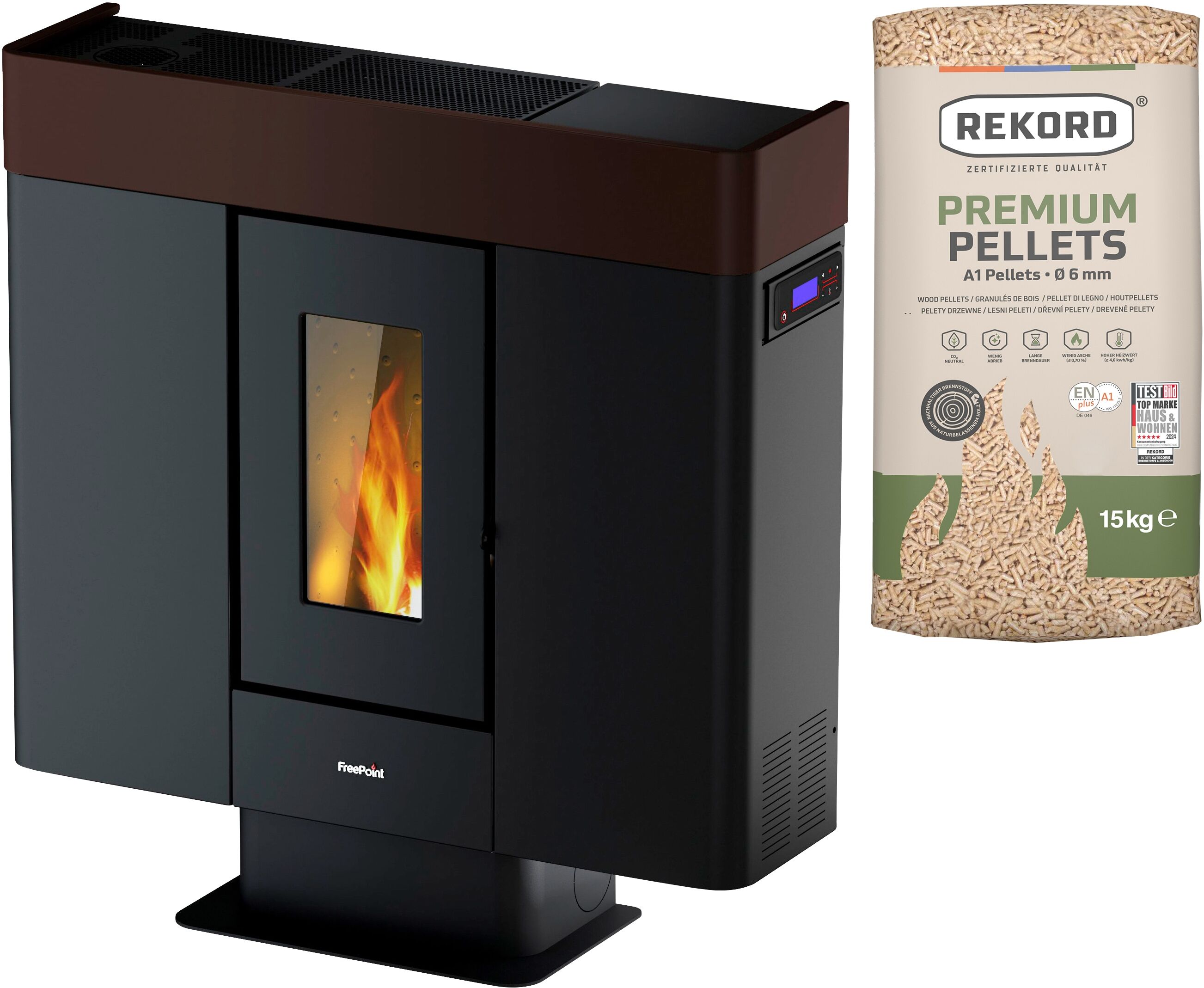 Pelletofen FREEPOINT "Moon airtight", braun (schwarz), Kaminöfen, Pelletofen, kanalisierbare Warmluft, WIFI inklusive, raumluftunabhängig