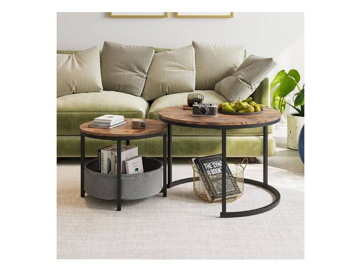 Odikalo Couchtisch Beistelltisch Wohnzimmertisch Sofatisch Schwarz Braun (2er Set Rund Industrial Stil Beistelltisch mit Metallrahmen & Holzplatte verschachtelte Sofatische mit Aufbewahrungstasche platzsparend für Wohnzimmer)