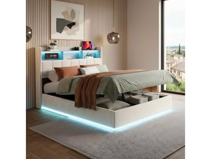 Lit 140x200cm - Lit Coffre 140x200 - Lit Double 140x200 avec LED & USB - Cadre de Lit 140x200 Adulte avec Rangement - Velours Blanc