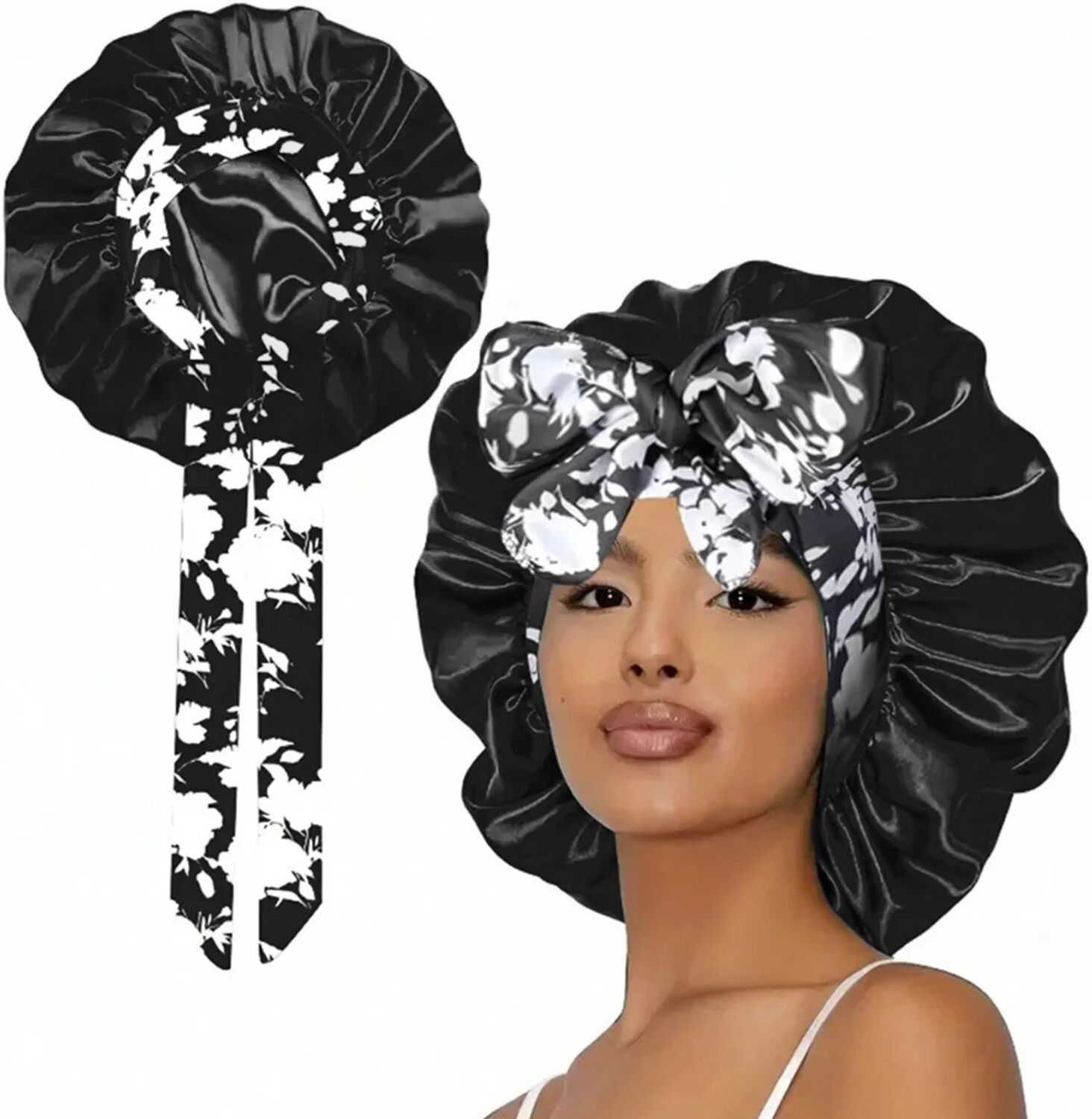 INF Extra Große Schlafhaube mit Blumenmuster, breiter Krempe und Bändern - Satin Bonnet Schwarz