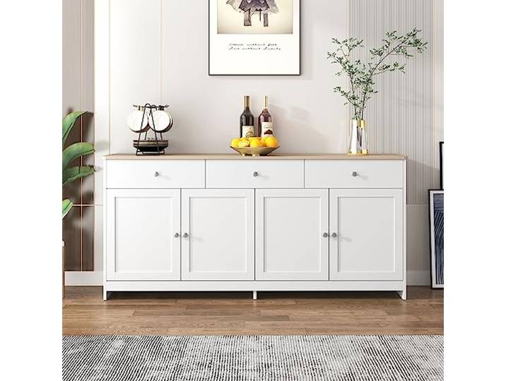 BTM Sideboard mit weißer Holzmaserung, Vier Türen, mit DREI Schubladen, Wohnzimmer, Esszimmer. Holzfarbe und Weiß