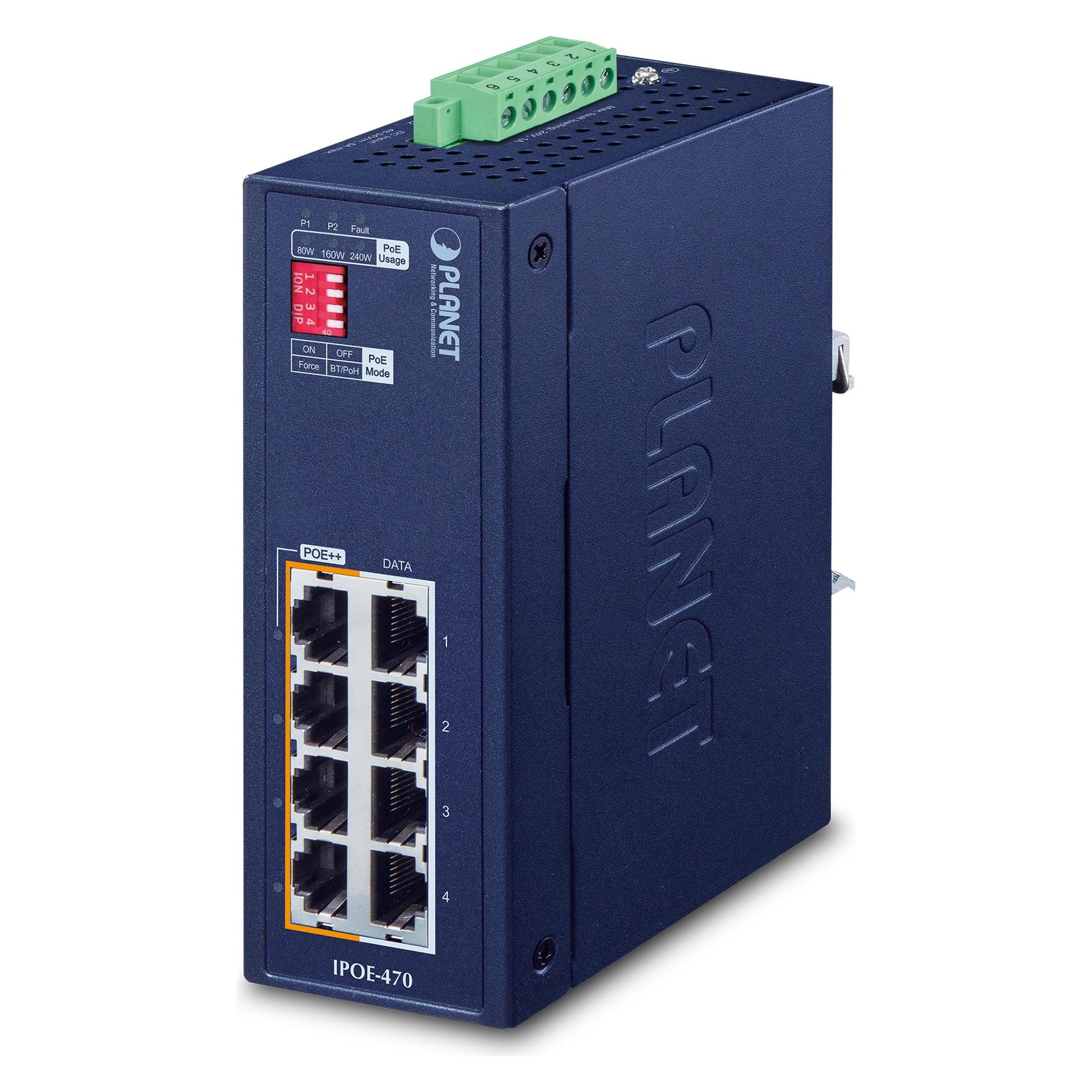 Planet Industrial 4-Port GE 802.3bt PoE++ Injector Hub (802.3at (PoE+), 802.3bt (PoE++), 240 W) (IPOE-470)