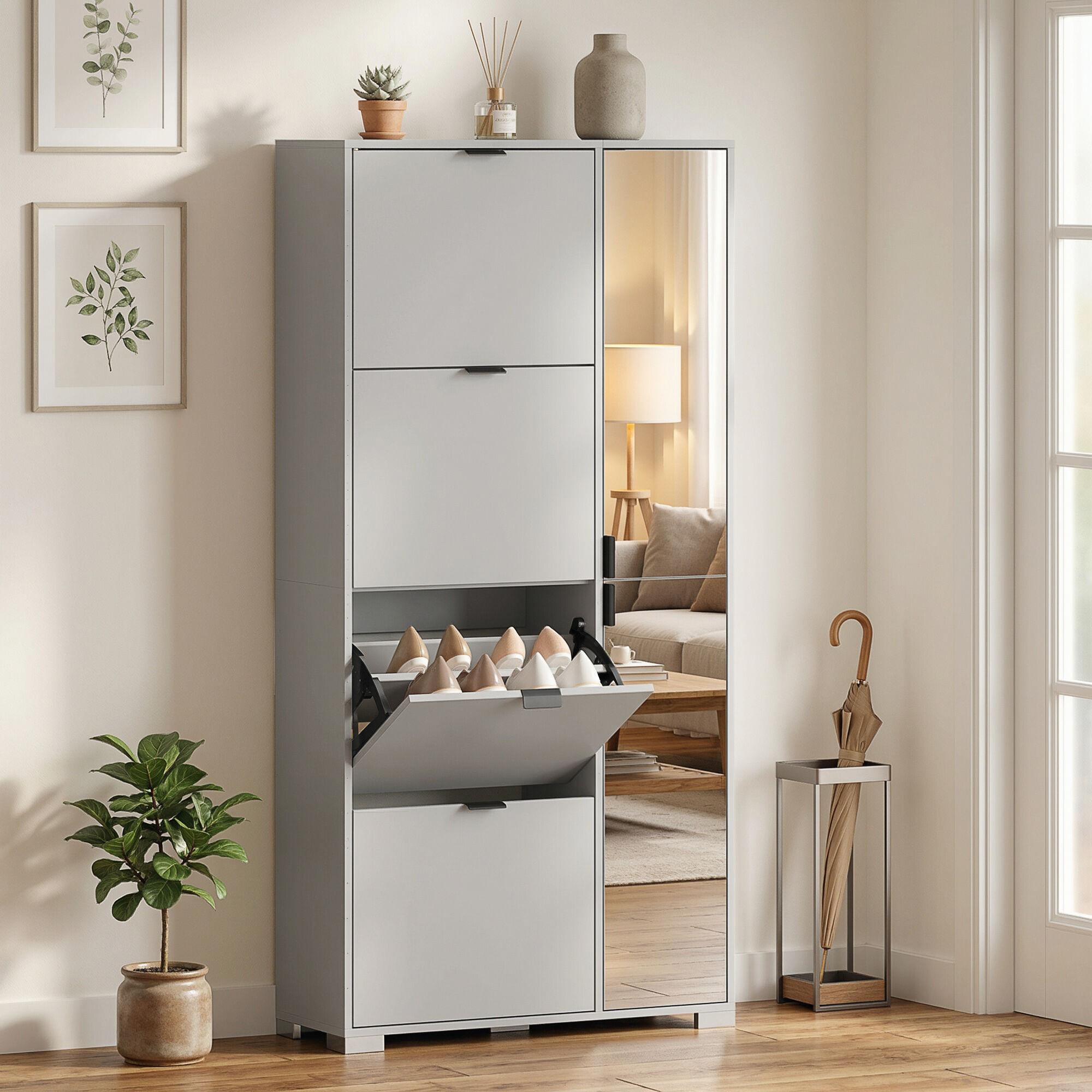 Altro Scarpiera Con Specchio, 4 Cassetti Ribalta, Scarpiera Ingresso, Grigio
