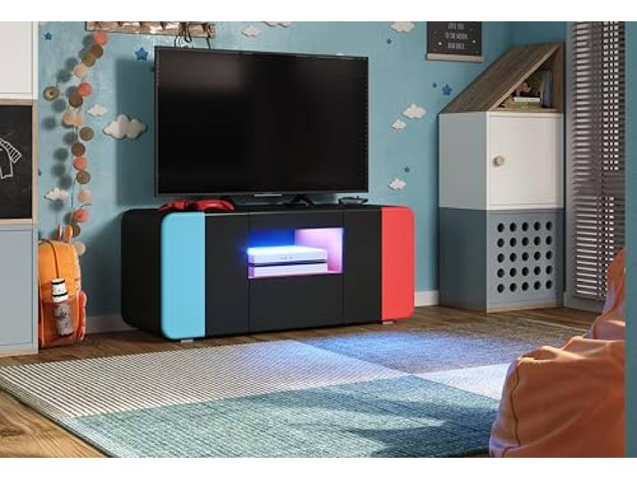 TV-Lowboard LevelUp Außen Schwarz & Rot & Blau Lac · B 115 x H 49 cm B 115 x H 49 x T 42 cm · Soft-Close-Dämpfer · 2 Türen, 1 Schublade, 1 offenes Fach