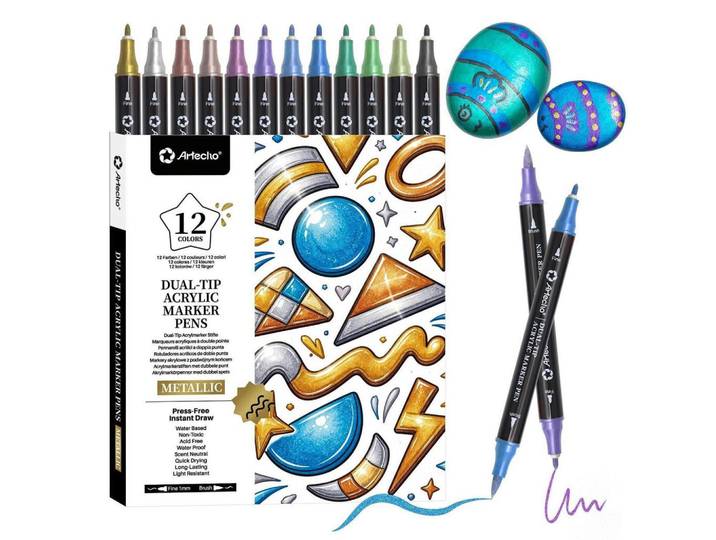 Acrylstifte 12 Metallic Farben Dual Tip Set, Mehrfarbig, Kunststoff, 10x2x15 cm, Dekoration, Malbedarf & Bastelbedarf