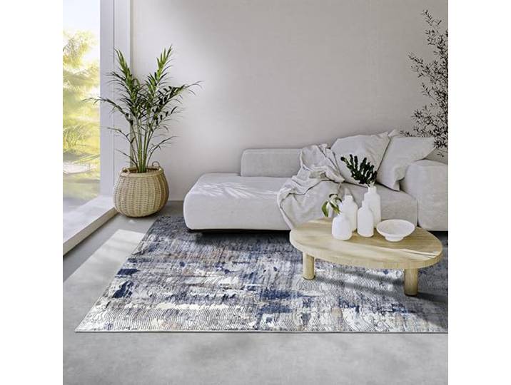 Elle Decoration Malard Teppich – Moderner Abstrakter Rutschfester Design Kurzflor Teppich für Schlafzimmer, Esszimmer, Wohnzimmer, Flur, Küche – Dunkelblau Beige, 200x290cm