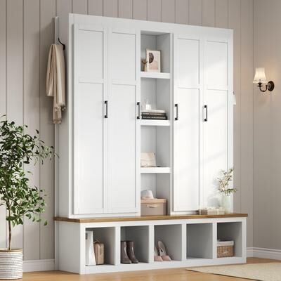 AISWORD "62.9""W Farmhouse 4-in-1 Hall Tree with 6 Hanging Hooks,Mudroom Wood Grain Bench with Compartments,Entryway Shoe Cabinet"