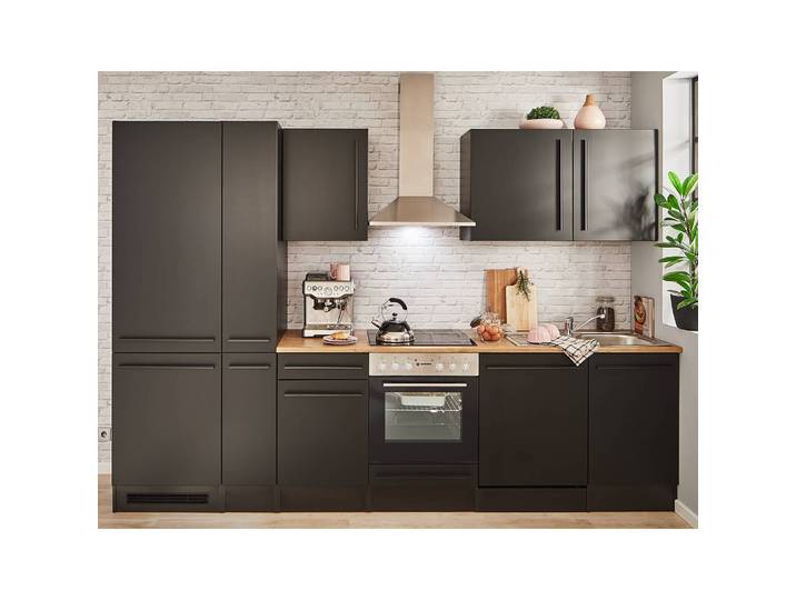 Küchenzeile III 310cm Schwarz/Matt Schwarz ohne Elektrogeräte