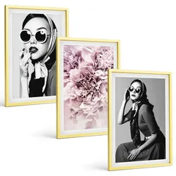 BILDER SET 3er Set - 40x60 cm Goldrahmen - Stilvolle Porträts von Frauen mit Blumen