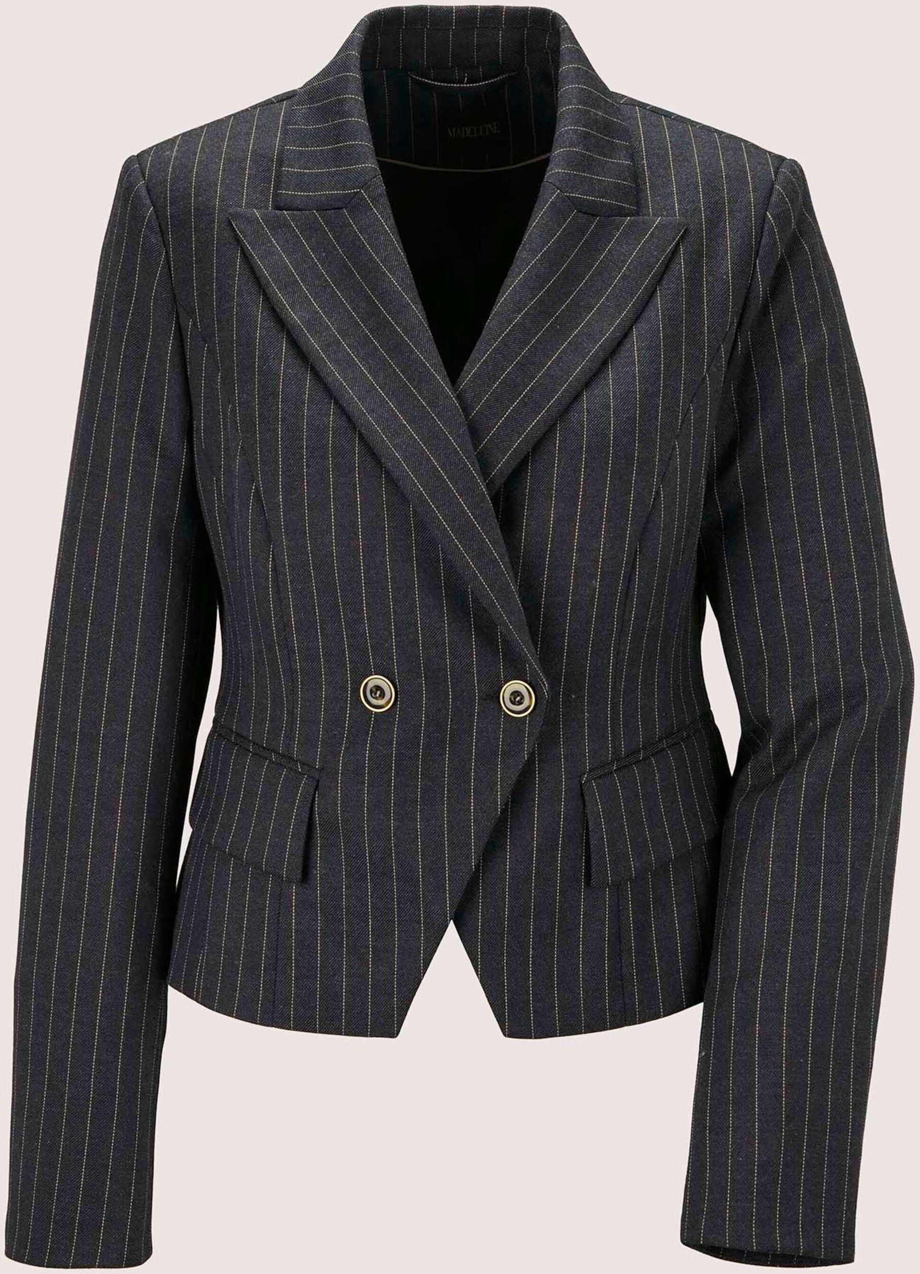 Jackenblazer MADELEINE "Blazer Nadelstreifen-Blazer in Kurzform", Damen, Gr. 34, schwarz (nebelblau, beige), Modern, regular fit, V-Ausschnitt, Blazer Jackenblazer